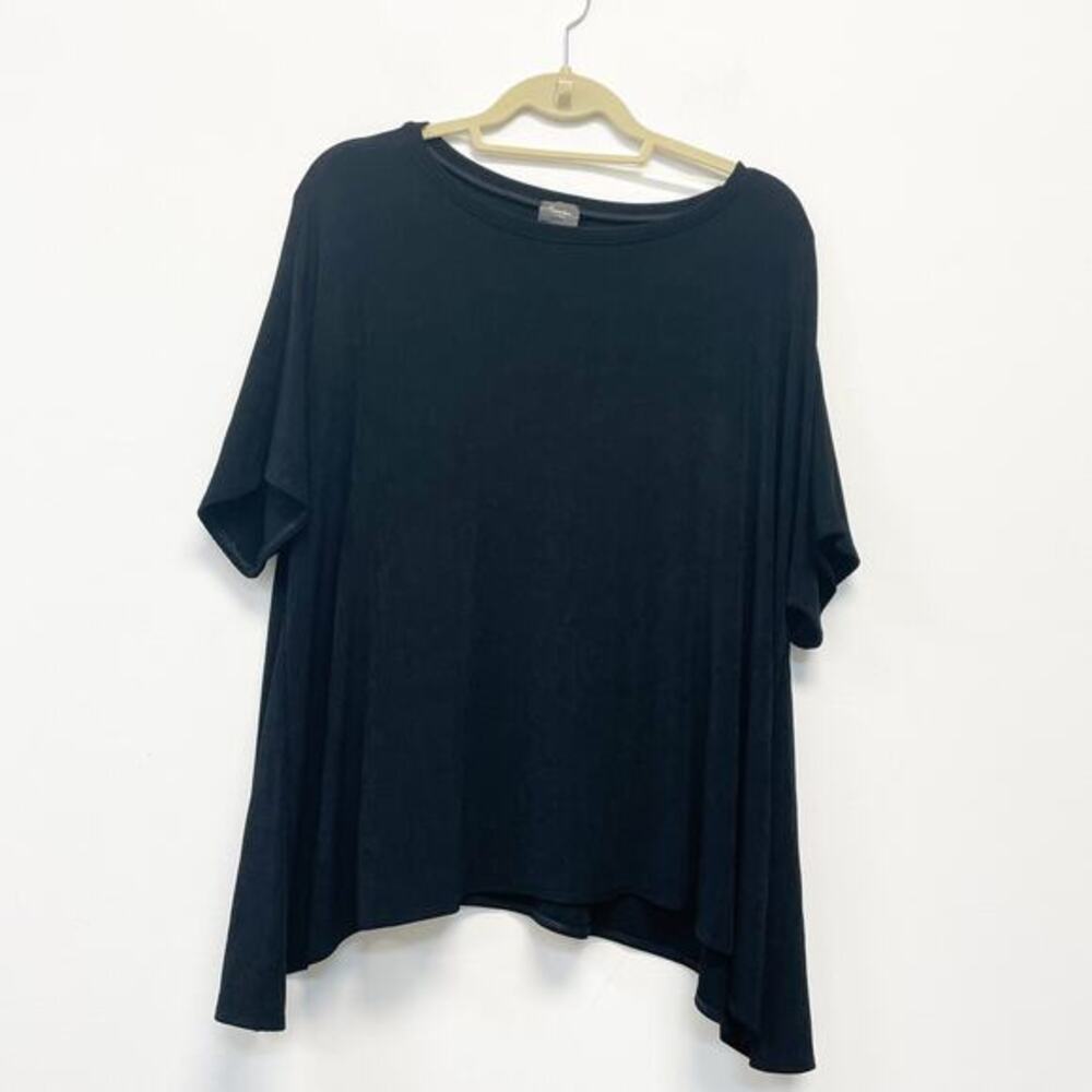 Chico's Women's 2 Black Stretch Scoop Neck Elbow Sleeve Sharkbite Hem Blouse Top